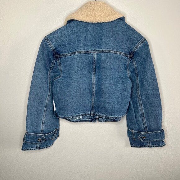 Sam Edelman Mesa High-Pile Fleece Collar Zip-Up Crop Denim Moto Jacket XS - Picture 9 of 11